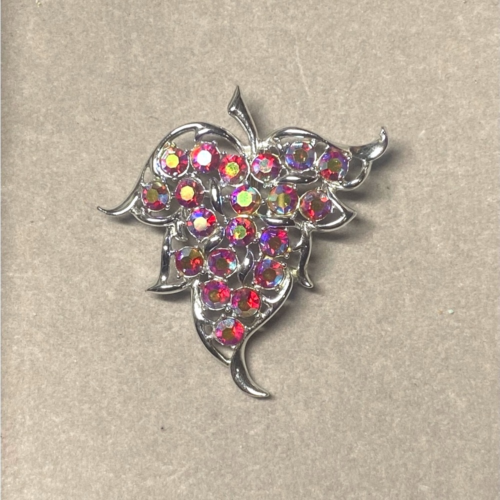 Vintage Sarah Coventry AB Rhinestone Leaf Brooch Silver Tone
